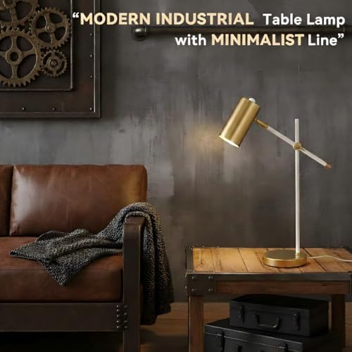 Modern White and Gold Desk Lamp with Type C Charging Port, Minimalist Industrial Table Lamp with Swing Arm, for Study Room Home Office Bedroom Bedside Nightstand
