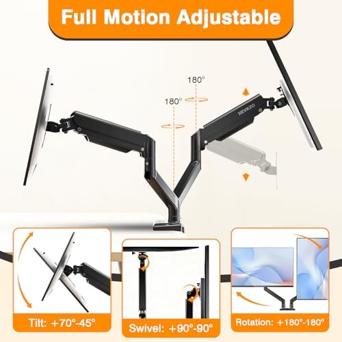 Dual Monitor Arms, Gas Spring Monitor Arms for 2 Monitors up to 34" Curved/Flat, 22lbs per Arm, VESA Mount 75x75 100x100mm, C-Clamp & Grommet Base, Adjustable Tilt/Swivel/Rotation