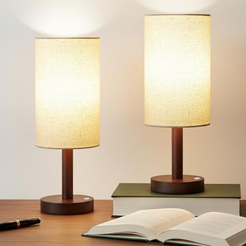 LALISU Cordless Table Lamp, 3 Color Portable Battery Lamp Wood Base 2Pcs