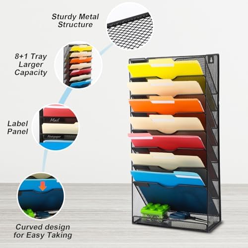 EASEPRES Desk File Organizer Mesh 9-Tier, Hanging Wall Mount Document Organization Stand, Desktop Vertical Mail Paper Folder Holder Rack with Bottom Tray for Office Home Cubicle Countertop, Black