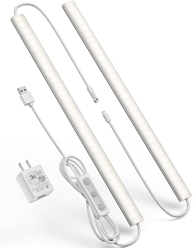 Plug-in Under Cabinet Lighting, Dimmable Under Counter Lights for Kitchen, 2pcs 12 Inch, Natural White 4500K Linkable Wired Closet Light, Indoor USB Led Lights Bar for Desk,Sink,Workbench