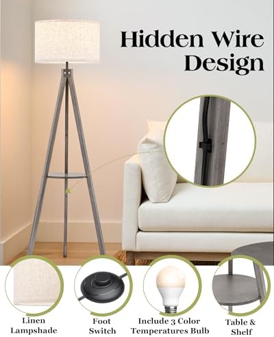 ELYONA Farmhouse Wood Tripod Floor Lamp with Table, Modern Reading Standing Lamp with 3 Color Temperatures LED Blub & Linen Shade, Shlef Coner Light for Living Room, Bedroom, Study Room, Office, Grey