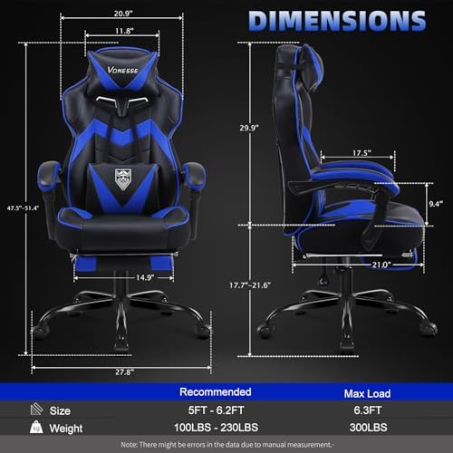Vonesse Gaming Chair, High Back Gaming Chair with Footrest and Massage, Gaming Chairs for Adults with Pocket Spring Cushion, Big and Tall Reclining Computer Chair with Lumbar Support (Blue/Black)