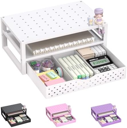 WALI Desk Organizer with Drawer，Computer Monitor Stand with Storage, Desk Organizers and Accessories for Computer, Printer, Laptop Riser for Home Office Supplies, (PTT005-W), 1 Pack, White