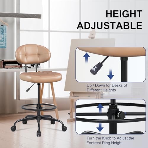 Misolant Drafting Chair Without Arms, Tall Office Chair with Footrest Ring for Standing Desk, Small Faux Leather Executive Office Chair with Adjustable Height for Bar Lab Counter Height Desk, Brown