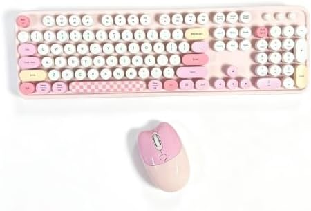 Wireless Keyboard and Mouse, 104 Round Keycaps Retro Typewriter Pink
