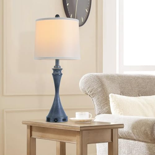 Living Room Deek Lamp Bedroom Table Lamp Set of 2,3 Way Dimmable Led Light Modern Industrial Table Lamps Sand Navy Blue Metal,USB Type A+C&Outlet, Linen Lampshade,Bulb*2