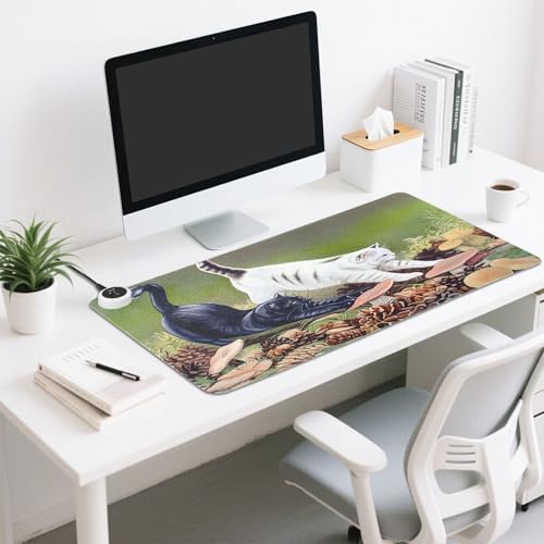 Cat Stretching Heated Mouse Pad Gaming Mouse Pad Waterproof PU Leather Mat Keep Your Hand Foot Warmer, 3 Heat Levels & Auto Shut-Off for Home Office 13x31.5 in