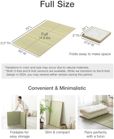 FULI Japanese Tatami Mattress, Foldable Igusa Rush Grass, Natural, Full
