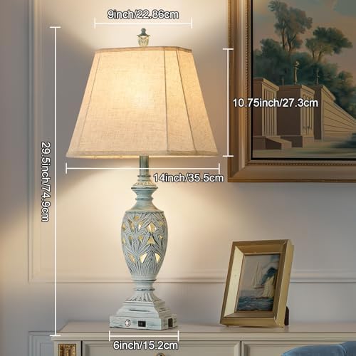 29.5"H Touch Control Traditional Table Lamp Set of 2,Vintage Bedside Lamp Nightstand Lamps with Dual USB Ports,3-Way Dimmable Hollow Out Leafwork Blue Washed Finish Desk Lamps for Living Room,Bedroom