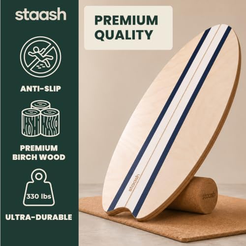 STAASH® Balance Board Full Kit – Premium Birch Wood Trainer with Cork Roller, Balance Disc, Massage Ball & Anti-Slip Mat – Core Strength, Surf, Snowboard & Rehab Training – All-In-One Set
