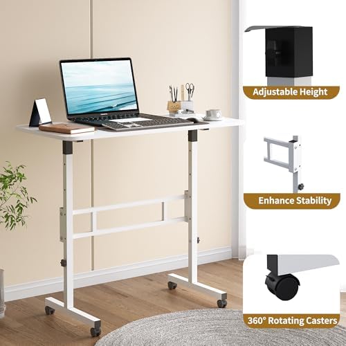 Panana Small Standing Desk Adjustable Height, Mobile Rolling Stand Up Desk with Wheels, 32 Inch Portable Rolling Desks Computer Office Workstations Walking Pad (White)