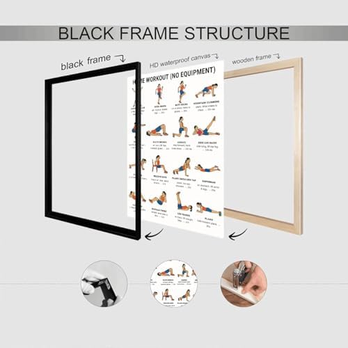 No Equipment Home Workout Poster, 16 Illustrated Full-Body Bodyweight Training Chart with Rep & Timing Guides, Beginner Friendly Full Physique Fitness Reference for Indoor Daily Cardio & Strength Building Routine(8x12inchs，Black Framed)