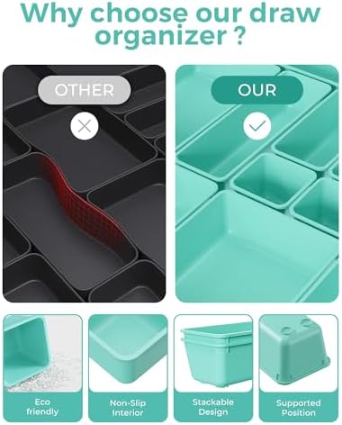 BiuLeon 25 PCS Plastic Drawer Organizers Set, 4-Sizes Vanity and Makeup Organizer, Desk and bathroom Drawer Organizer Trays, Organizers and Storage for Makeup, Jewelry, Gadgets, Utensils (Blue)