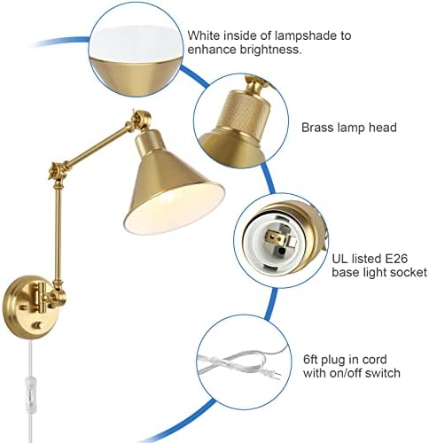 TRLIFE Wall Sconces Plug in, Dimmable Wall Sconces Brushed Brass Swing Arm Wall Lights Plug in Wall Mounted Light Industrial Wall Lights with 6FT Plug in Cord, E26 Base, UL Listed(Two Arms, 2 Pack)