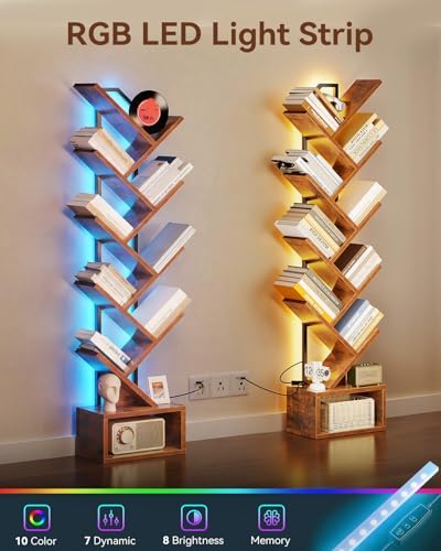 Casaottima Tree Bookshelf with LED Lights, 8-Tier Small Bookshelf, Vintage