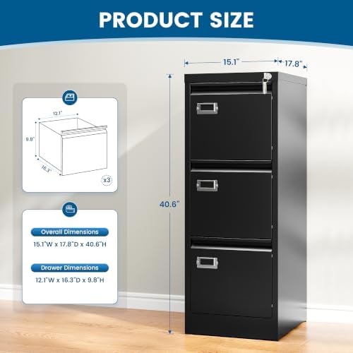 PEUKC 3-Drawer File Cabinet, 16.3" Deep Vertical Filing Cabinet with Lock, Metal File Cabinet for Home Office, Anti-Tip 3 Storage Drawers for Letter/Legal/A4/F4 Size, Assembly Required, Black
