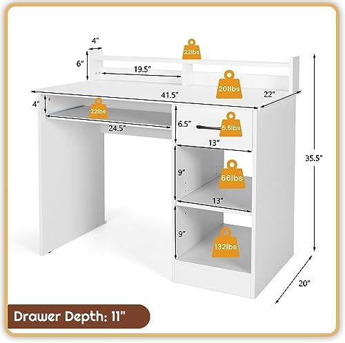 Computer Desk with Hutch & Keyboard Tray, Home Office Workstation with Drawer, Adjustable Shelves, Modern Vanity Table for Bedroom, Wooden Writing Study Laptop PC Desk (White)