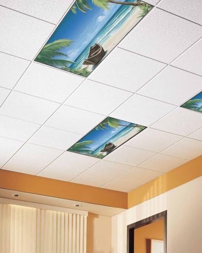 Summer 3 Pcs Fluorescent Light Covers, Ocean Beach Palm Tree Nautical Vessel Magnetic Filters Shade Panel Light Covers for Ceiling Lights Classroom Office Home Ceiling Decoration, 4 x 2 Ft