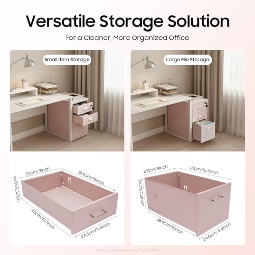 3 Drawer File Cabinet with Lock, Freestanding Filing Metal Drawers Organizer Vertical Metal Rolling Organizer Movable Under Desk Cabinet with Wheels for Home Office Living Room Study (3 Tiers Pink)