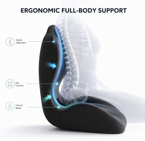 Pain Relief Ergonomic Seat Cushion with Lumbar Support, Memory Foam, L-Shaped, for Office Chair, Car Seat, Gaming Chair (Grey)