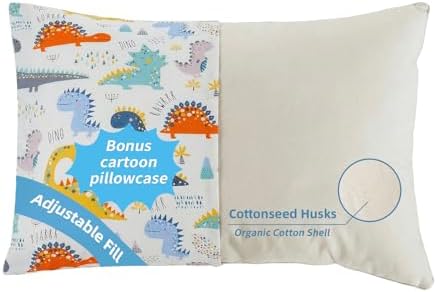 Organic Plilow with Cartoon Pillowcase - 16x22 Kids Pillow with 100% Organic Cotton Shell, Adjustable Organic Youth Pillow, Machine Washable, Soft,for Kids&Youth&Children (Dinosaur)