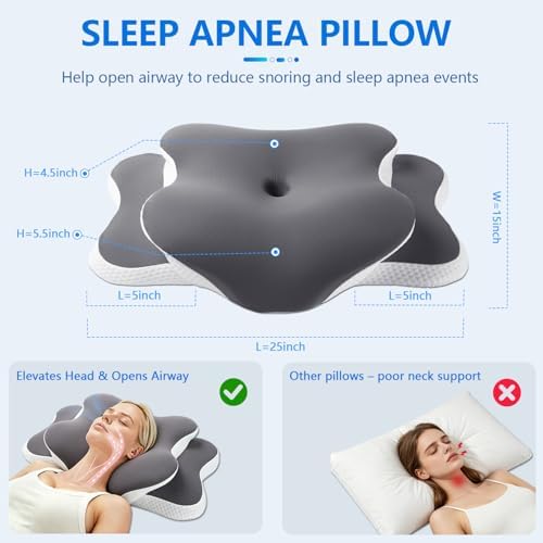 Ergo Pillow for Sleep Apnea, Neck Pain, and Snoring Relief | Cervical Neck Pillow for Neck Pain Relief & Side Sleeper | Orthopedic Memory Foam with Ergonomic Neck Support, Gray, Standard