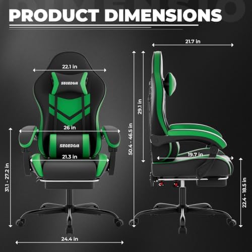 Gaming Chair with Footrest & Massage Lumbar Support, PU Leather Ergonomic High Back Swivel Height Adjustable Chair for Adults, Office Gaming, 300 lbs (Black Green)