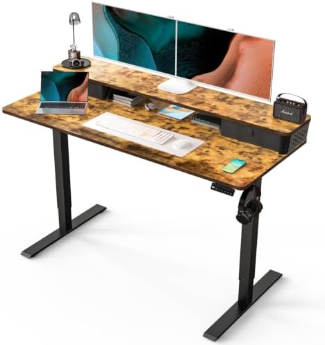 Kingant 55x24 Inch Electric Standing Desk with Dual Drawers, Rustic Brown