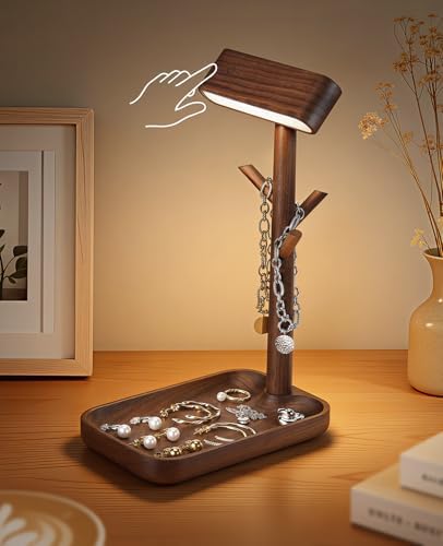 Rechargeable Table Lamp, Unique Wooden Bedside Lamp with Tray