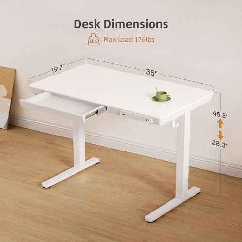INNOVAR 35" Small Glass Standing Desk with Drawers & USB Ports, Whole-Piece Glass Top Adjustable Height Desks, Quick-Install Electric Sit-Stand Up Desk for Home Office & Computer Workstation, White