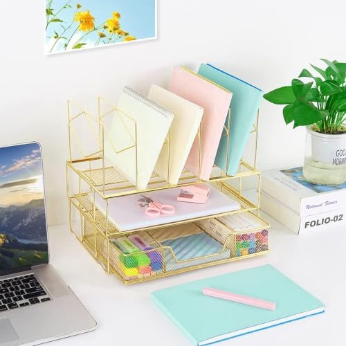 Desk Organizers and Accessories, 2-Tier Desk Organizer with Drawer, Gold