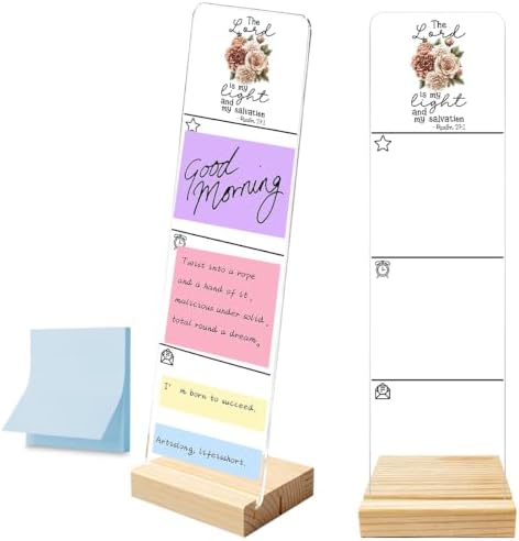 Sticky Note Holder, Monitor Memo Board, Acrylic Post It Note Holder with Wooden Base, Includes 100 Notes, Desk Organizer, Christian Quote “The Lord is My Light and My Salvation” Floral