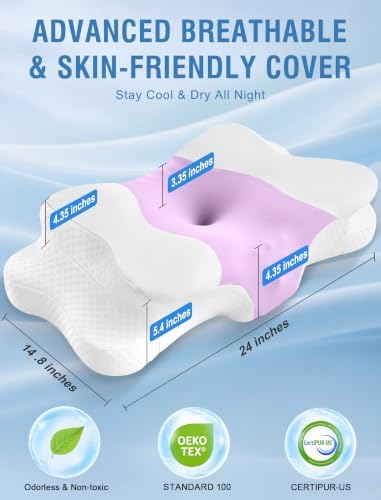 DISSA Cervical Neck Pillow for Side Sleepers Ergonomic Contour Memory Foam Pillow with Adjustable Orthopedic Neck Support for Pain Relief - Gift for Christmas & Birthdays - Purple