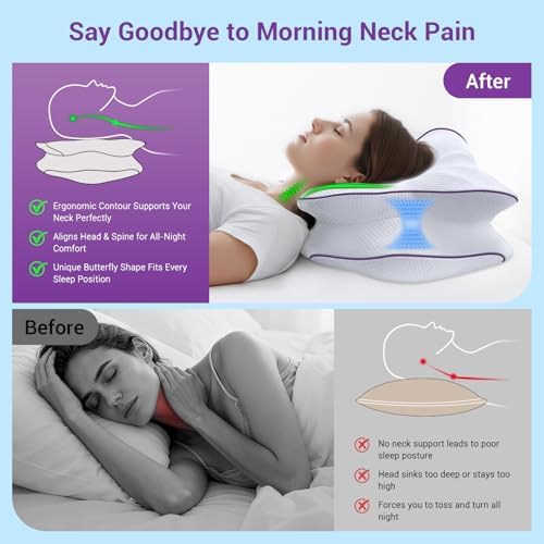 AZBESTPRO Memory Foam Cervical Pillow for Neck Support & Pain Relief, Butterfly Ergonomic Design – 24×15.75×5.7 Inches, Removable 100% Polyester Pillowcase, Suitable for Side & Back Sleepers (Purple)