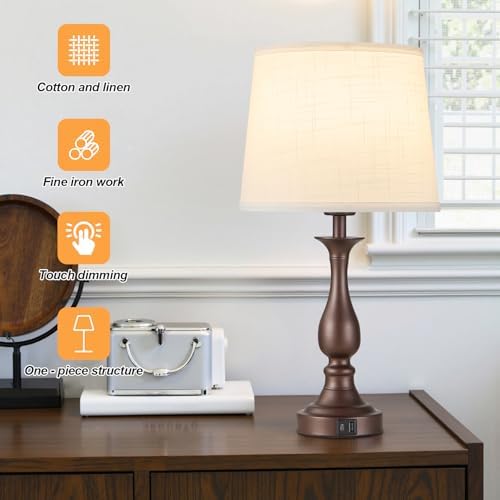 Bedside Table Lamp Touch Control Bedroom Lamps with USB A + C Charging Port 3 Way Dimmable Touch Lamps for Nightstand Living Room Bedroom Dorm Home Office Reading, Set of 2 (White Shade & Brown Base)