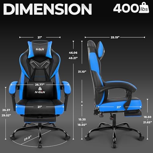 N-GEN GAMING Big & Tall Gaming Chair with Footrest, Lumbar Support, Blue