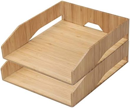 MobileVision 2 Pack Stackable Bamboo Paper Tray Office Organizer for Files, Documents, Letter Sorter, Envelopes and Magazine Holder