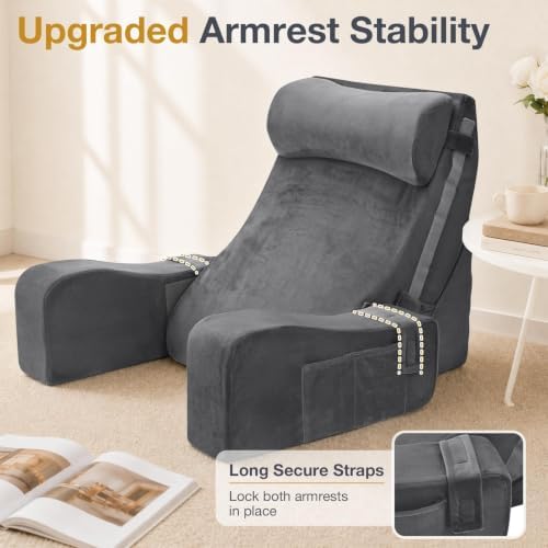 Sasttie 15-25 inch Adjustable Reading Pillow with Armrests, Dark Grey