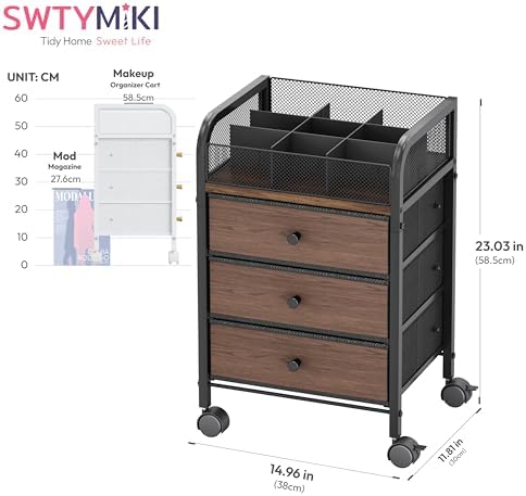 SWTYMIKI Rolling Makeup Organizer Cart - 14.96″*11.81″*23.03″ Widened Under Desk Vanity Storage with 3 Non-woven Drawers, Cosmetic Display Cases for Skin Care Perfume Nail Polish Brush Hair Tool Black