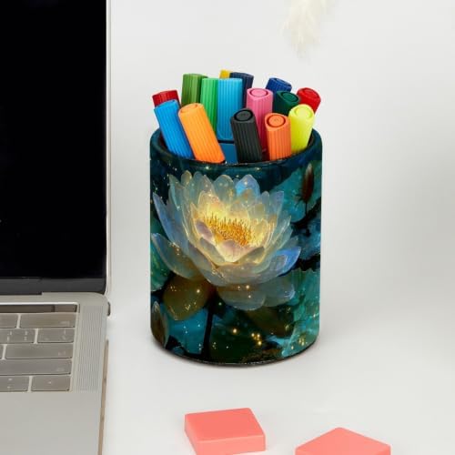 Leather Pen Holder for Desk, Water Lilies Pencil Cup Pen Organizer Makeup Brush Holder for Office Home Kids Countertop Desk Accessory Storage