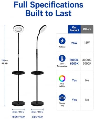 Floor Fan with Light, 26W LED RGB Dimmable Standing Lamp
