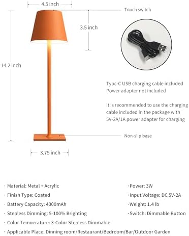 KDG 2 Pack Cordless Orange Table Lamps, Rechargeable Portable LED Desk Lamp