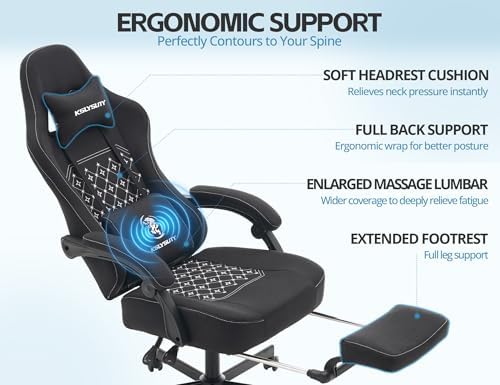 Office Chair for Home Office, Ergonomic Wide Seat Desk Chair with Pocket Spring Cushion, Breathable Leather Gaming Chair with Adjustable Headrest and Retractable Footrest，Black