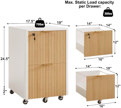 2 Drawers Fluted Mobile File Cabinet with Lock, Rolling File Cabinet Printer Stand Table, Under Desk Wooden Filing Cabinets for Home Office Essentials Storage Organization Furniture Letter/Legal/A4