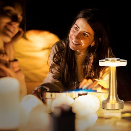 JHPGEOE Cordless Metal Desk Lamp, Touch Sensor Control LED Table Lamp,3 Color Stepless Dimmable Battery Powered Lamp for Living Room, Dorm, Home Office (Gold)