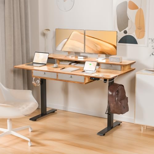 63 x 30 Inch Electric Standing Desk with 4 Drawers, Light Rustic