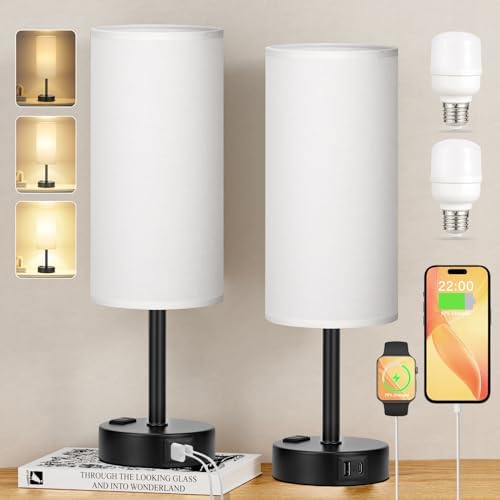 Touch Bedside Table Lamps Set of 2 - Bedroom Lamp with USB A+C, AC Outlet