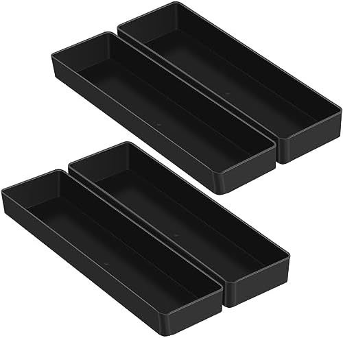 Teling 4 Pcs Black Plastic Desk Drawer Organizer Pen Tray Shallow
