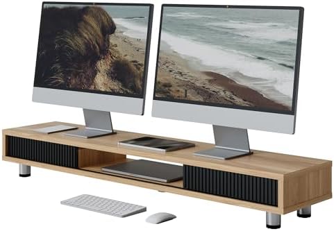 Fenge Dual Monitor Stand with Storage, Desk Shelf with Glass Sliding Door